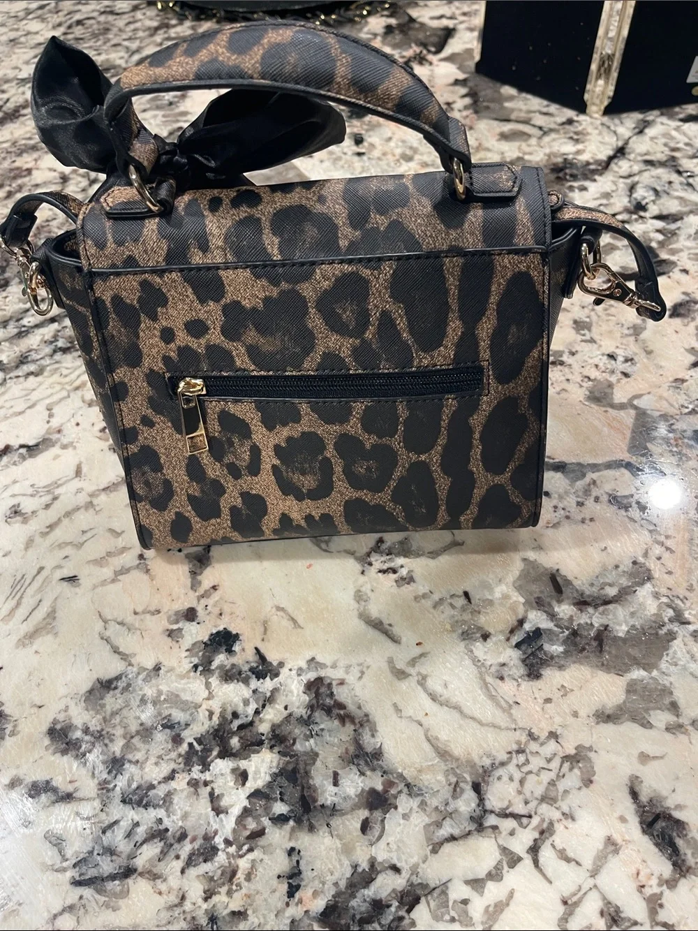 Aldo Black and Brown Leopard-Print Satchel with Black Bow Accent
